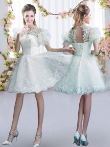 Beauteous A-line Court Dresses for Sweet 16 White Scoop Tulle Short Sleeves Mini Length Lace Up