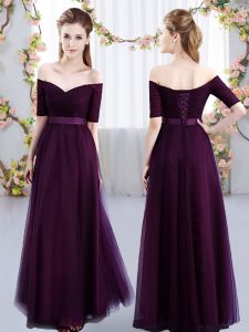 Short Sleeves Tulle Floor Length Lace Up Bridesmaids Dress in Dark Purple with Ruching