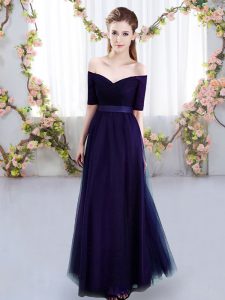 Sophisticated Purple Empire Off The Shoulder Short Sleeves Tulle Floor Length Lace Up Ruching Bridesmaid Gown