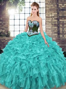 Hot Sale Turquoise Sweetheart Lace Up Embroidery and Ruffles 15th Birthday Dress Sweep Train Sleeveless