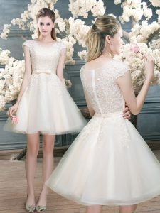 A-line Dress for Prom White Scoop Tulle Cap Sleeves Mini Length Zipper