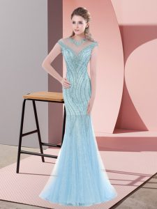 Customized Baby Blue Prom Dresses Prom and Party and Military Ball with Beading Scoop Cap Sleeves Sweep Train Zipper