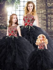 Black Scoop Neckline Embroidery and Ruffles Quinceanera Gown Sleeveless Zipper