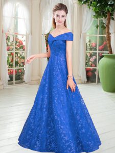 Off The Shoulder Sleeveless Prom Evening Gown Floor Length Beading Blue Lace