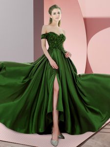Green Sleeveless Sweep Train Beading Prom Dresses