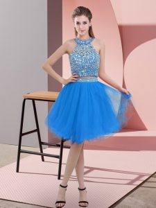 Two Pieces Dress for Prom Blue Halter Top Organza Sleeveless Knee Length Backless
