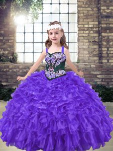 Sleeveless Floor Length Embroidery Lace Up Child Pageant Dress with Purple