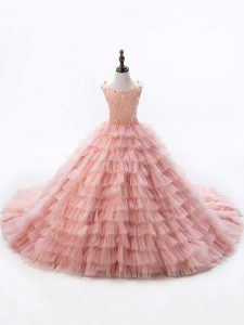 Stunning Pink Sleeveless Court Train Beading and Ruffled Layers Girls Pageant Dresses