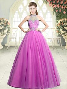 Sleeveless Tulle Floor Length Zipper Dress for Prom in Pink with Beading