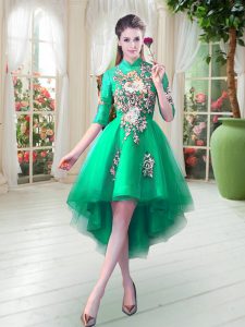 Glittering Turquoise Tulle Zipper High-neck Half Sleeves High Low Homecoming Dress Appliques