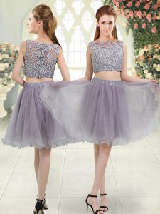 Elegant Grey Zipper Prom Dress Beading and Lace Sleeveless Knee Length