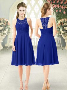 Royal Blue Chiffon Zipper Dress for Prom Sleeveless Knee Length Lace