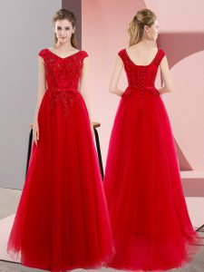 Dynamic Tulle Short Sleeves Floor Length Formal Evening Gowns Sweep Train and Beading and Lace
