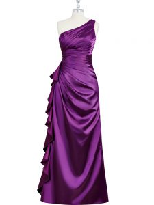 Fitting Floor Length Purple Prom Dress Elastic Woven Satin Sleeveless Beading and Ruching and Pleated