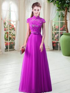 Fine Purple Cap Sleeves Floor Length Appliques and Belt Lace Up Prom Dresses