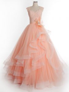 Artistic Peach Lace Up Quinceanera Dress Ruffles Sleeveless Floor Length
