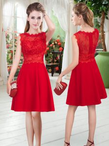 Red Empire Lace Prom Dress Zipper Satin Sleeveless Knee Length