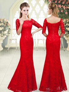 Lace 3 4 Length Sleeve Floor Length Homecoming Dress and Beading