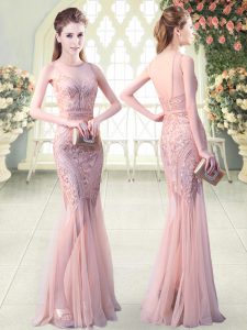 Glittering Floor Length Pink Evening Dress Tulle Sleeveless Sequins