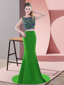 Amazing Two Pieces Sleeveless Green Prom Gown Sweep Train Backless