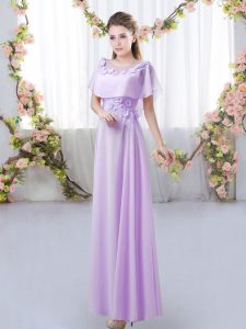 Lavender Chiffon Zipper Bridesmaid Dress Short Sleeves Floor Length Appliques