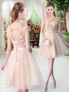 Charming Champagne Short Sleeves Appliques Mini Length Prom Dresses