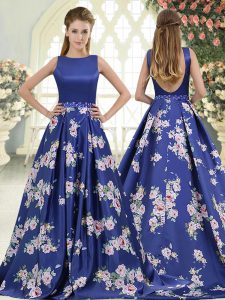 New Arrival Royal Blue Printed Backless Prom Dress Sleeveless Brush Train Beading and Pattern