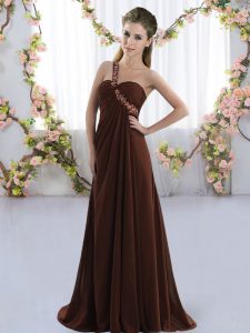 Inexpensive Sleeveless Chiffon Brush Train Lace Up Damas Dress in Brown with Beading