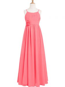 Glorious Watermelon Red Sleeveless Pleated and Hand Made Flower Floor Length Evening Dress