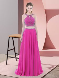 Customized Lace Up Prom Gown Fuchsia for Prom and Party with Beading Sweep Train