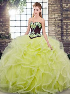 Glittering Yellow Green Sleeveless Embroidery and Ruffles Lace Up 15 Quinceanera Dress