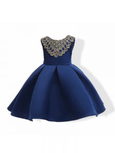 Navy Blue Ball Gowns Satin Scoop Sleeveless Appliques and Bowknot Mini Length Zipper Pageant Gowns For Girls