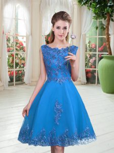 Nice Sleeveless Tulle Knee Length Lace Up Prom Gown in Blue with Beading and Appliques
