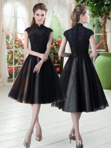 Sophisticated Black A-line Tulle High-neck Cap Sleeves Beading and Lace Knee Length Zipper Prom Evening Gown