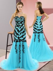 Fine Sweetheart Sleeveless Tulle Dress for Prom Appliques Sweep Train Lace Up