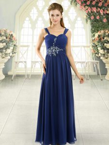 Sophisticated Sleeveless Chiffon Floor Length Lace Up Evening Dress in Blue with Beading and Ruching