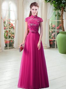 Decent Hot Pink Tulle Lace Up Prom Evening Gown Short Sleeves Floor Length Lace