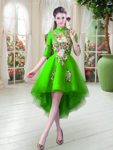 Affordable High Low Green Dress for Prom High-neck Half Sleeves Zipper