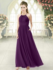 Most Popular Purple Chiffon Backless Halter Top Sleeveless Ankle Length Prom Party Dress Lace