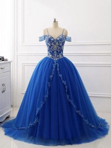 Customized Ball Gowns Sleeveless Royal Blue Sweet 16 Dresses Brush Train Lace Up