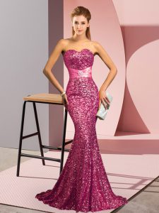 Dazzling Pink Formal Evening Gowns Prom and Party and Military Ball with Beading Sweetheart Sleeveless Sweep Train Backl