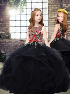 Tulle Scoop Sleeveless Zipper Embroidery and Ruffles Pageant Gowns For Girls in Black