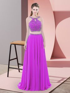 Custom Made Purple Chiffon Backless Prom Dresses Sleeveless Sweep Train Beading