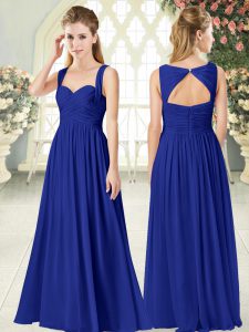Exceptional Royal Blue Empire Straps Sleeveless Chiffon Floor Length Zipper Ruching Prom Dresses