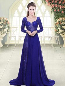 Adorable Royal Blue Prom Gown Prom and Party with Beading and Lace Sweetheart Long Sleeves Sweep Train Backless