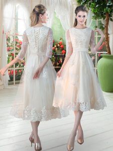 Tea Length Champagne Prom Party Dress Tulle 3 4 Length Sleeve Lace