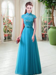 Aqua Blue Cap Sleeves Tulle Lace Up Prom Evening Gown for Prom