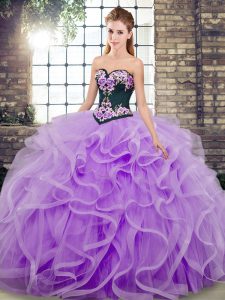 Decent Lavender Sleeveless Tulle Sweep Train Lace Up Quinceanera Gown for Military Ball and Sweet 16 and Quinceanera