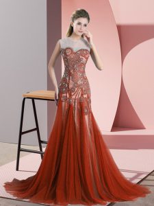 Beauteous Tulle Sleeveless Dress for Prom Sweep Train and Beading