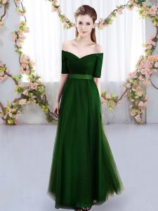 Floor Length Green Bridesmaid Dress Off The Shoulder Short Sleeves Lace Up